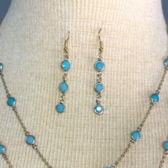 Turquoise & Gold-Plated Double Strand Necklace w/ Matching Earrings - Picture 2 of 11